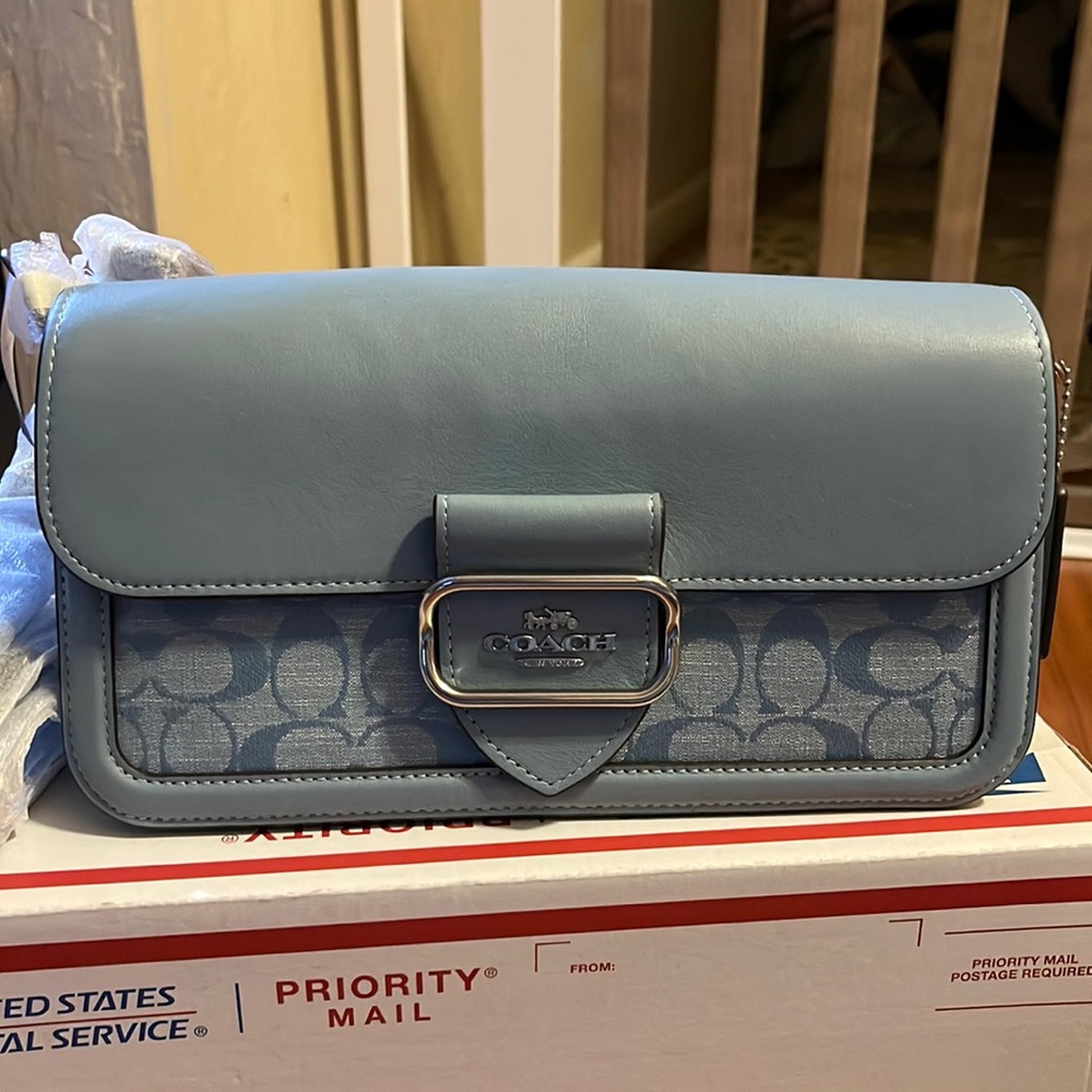 Coach Morgan Shoulder Bag In Signature Chambray in Silver/Cornflower Multi